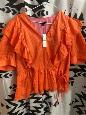 J. Crew Orange and Pink Ruffle Wrap Blouse